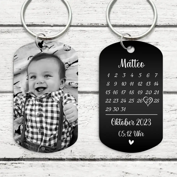 Geburtstag - Personalisierter Schlüsselanhänger zur Geburt mit eignem Foto (Gravur - Schwarz/Weiß)