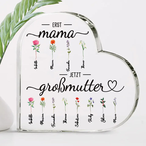 Mama dann Oma - Transparentes Acrylherz mit Namen und Blumen selbst gestalten