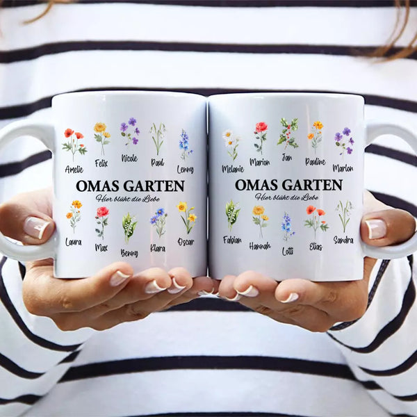 Omas Blumen - Personalisierte Tasse mit Namen und Blumen