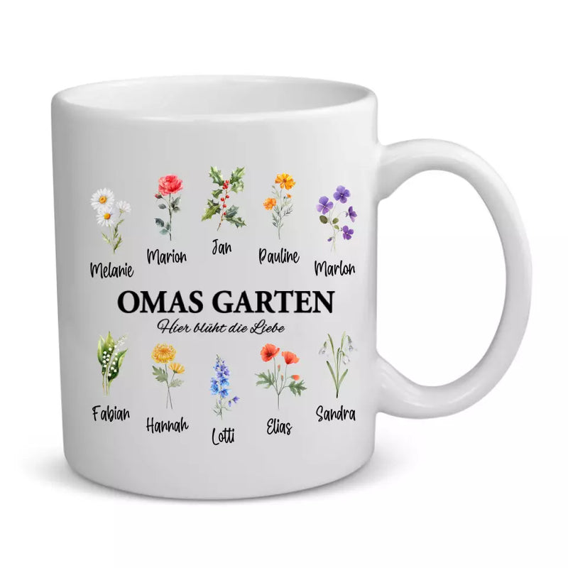 Omas Blumen - Personalisierte Tasse mit Namen und Blumen