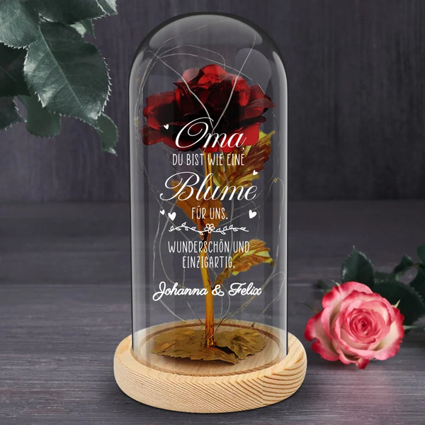 Oma - Ewige Rose in Glaskuppel mit LED-Licht mit individuellem Spruch