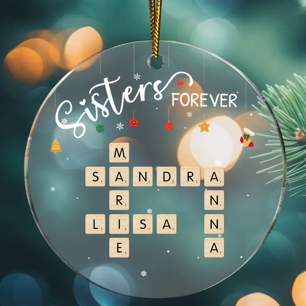 Transparenter Weihnachtsbaumschmuck mit Namen in Scrabble Design - gedruckt von Love & Faith