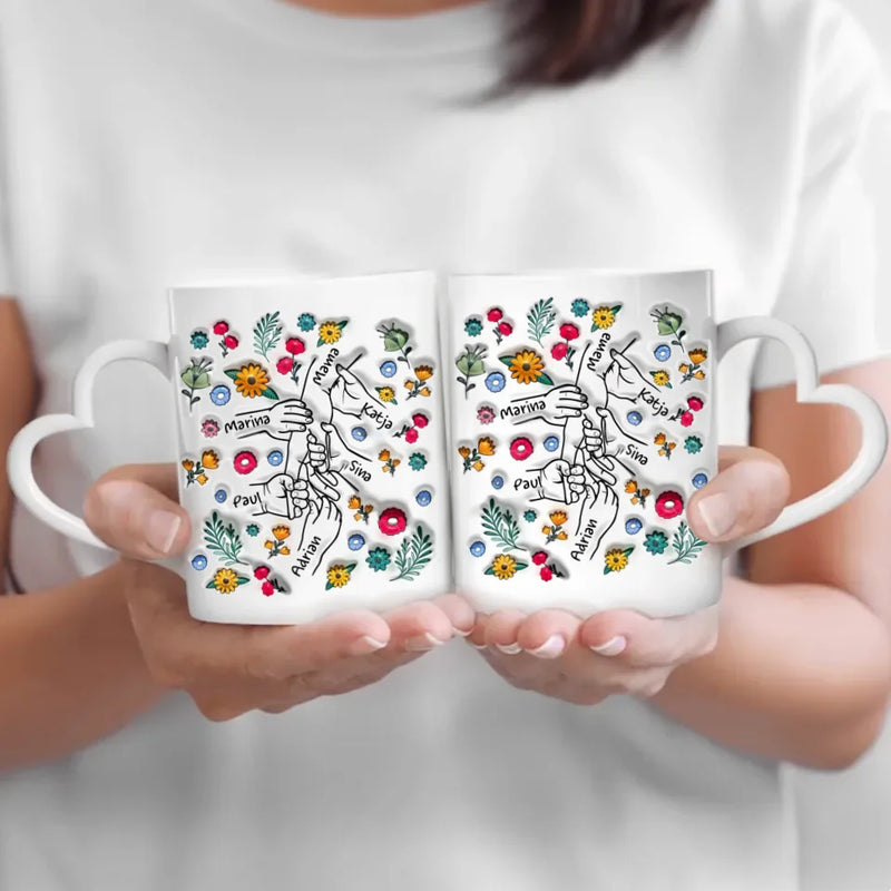 Personalisierbare Tasse mit Henkel in Herzform mit eigenem Spruch, Illustration und Namen - gefertigt von Love & Faith